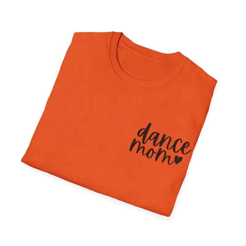 Orange t-shirt with ’dance mom’ text and a heart design printed in black.