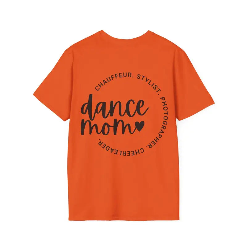 Orange t-shirt with ’dance mom’ text and circular typography design.