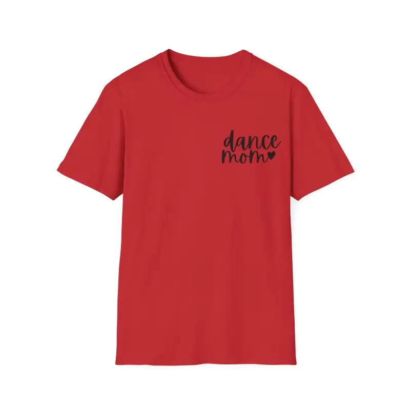 Red t-shirt with ’dance mom’ text printed in black on the chest.