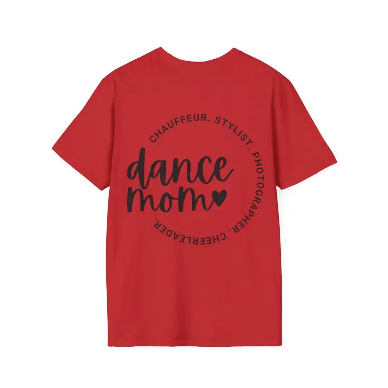 Red t-shirt with ’dance mom’ text in black lettering arranged in a circular design.
