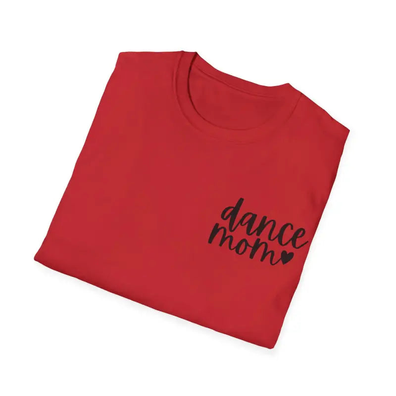 Red t-shirt with ’dance mom’ text and a heart design printed in black.