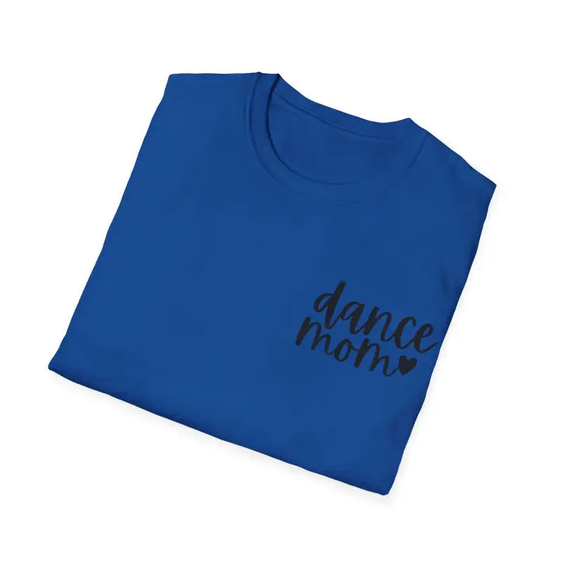 Royal blue t-shirt with ’dance mom’ text printed in black.