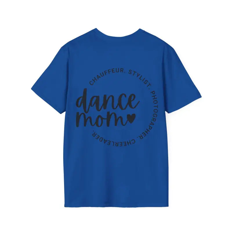 Royal blue t-shirt with ’dance mom’ text design in black circular typography.