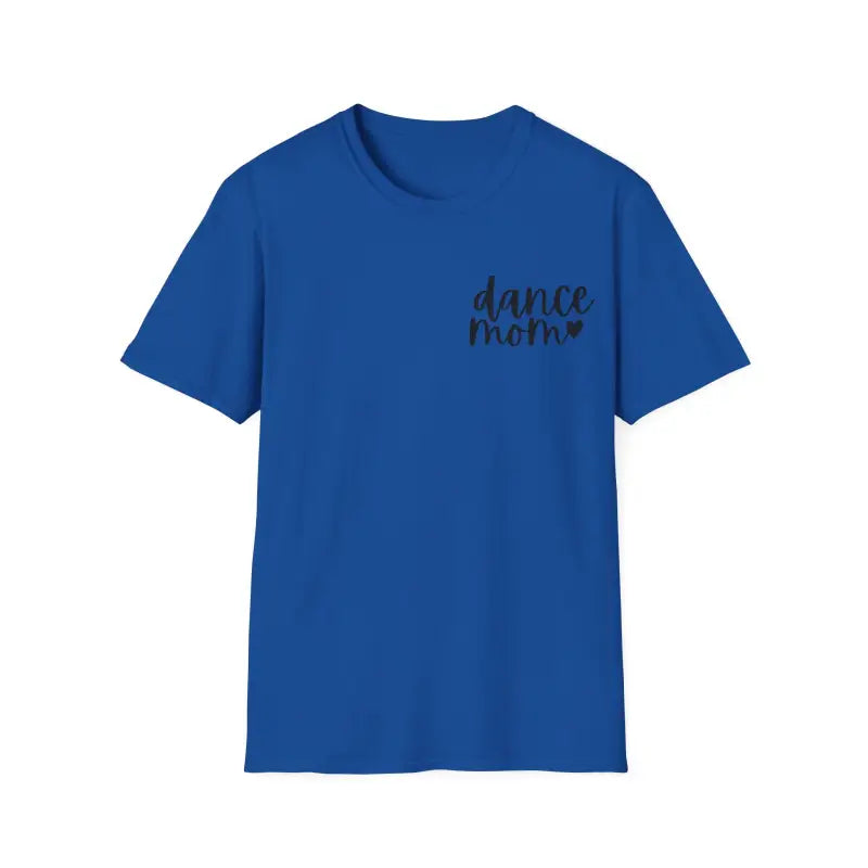 Royal blue t-shirt with ’dance’ text printed in small black letters on the chest.