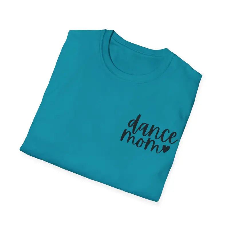 Teal t-shirt with ’dance mom’ text and a heart printed in black.