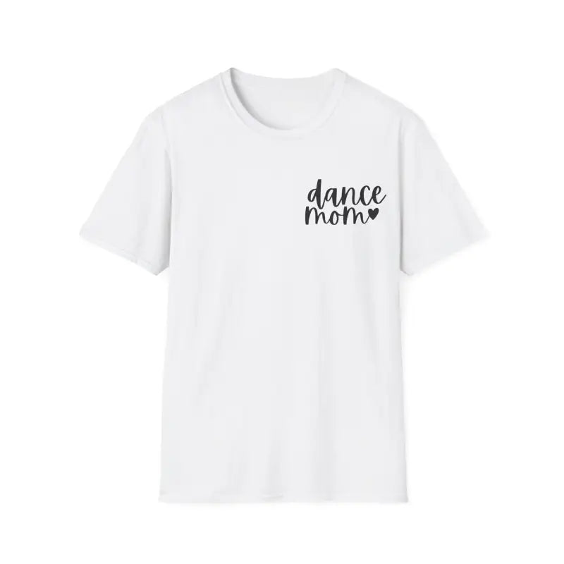 White t-shirt with ’dance mom’ text and a heart design on the chest.