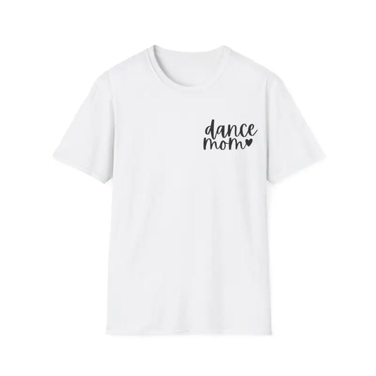 White t-shirt with ’dance mom’ text and a heart design on the chest.