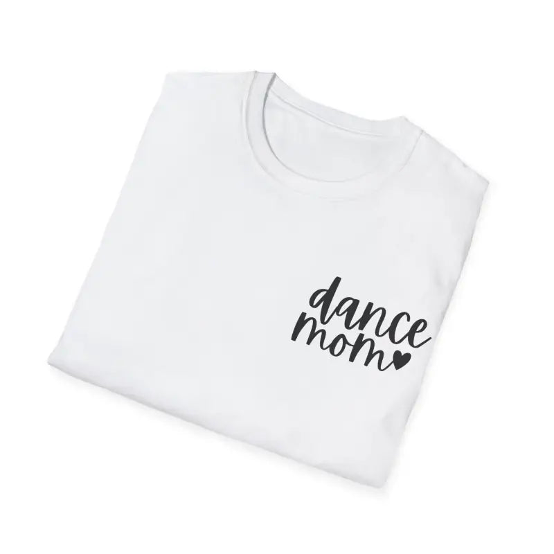 White t-shirt with ’dance mom’ text and a heart design printed in black.