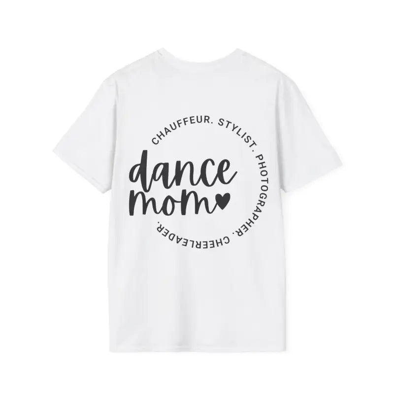 White t-shirt with ’dance mom’ text in a circular design.