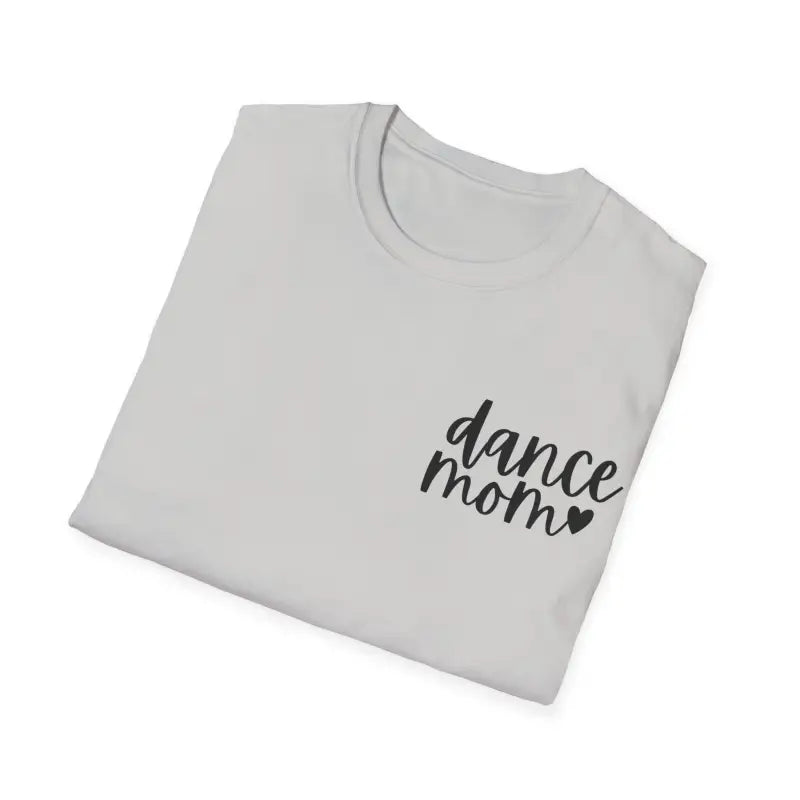 White t-shirt with ’dance mom’ text and a small heart design.
