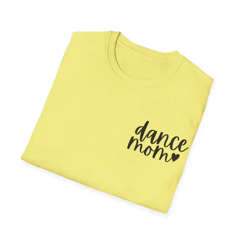 Yellow t-shirt with ’dance mom’ text and a heart design printed in black.