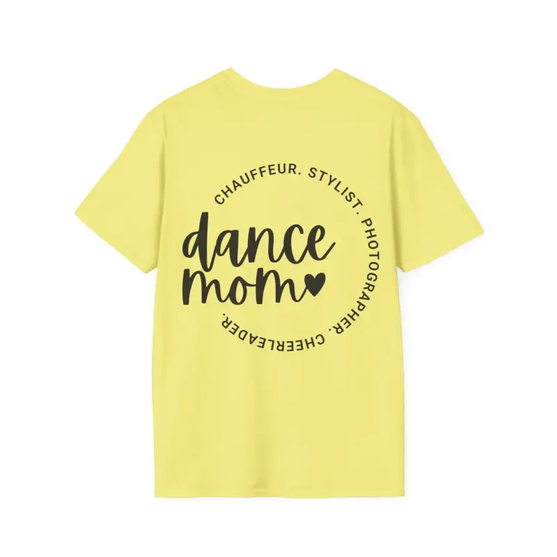 Yellow t-shirt with ’dance mom’ text in a circular design.