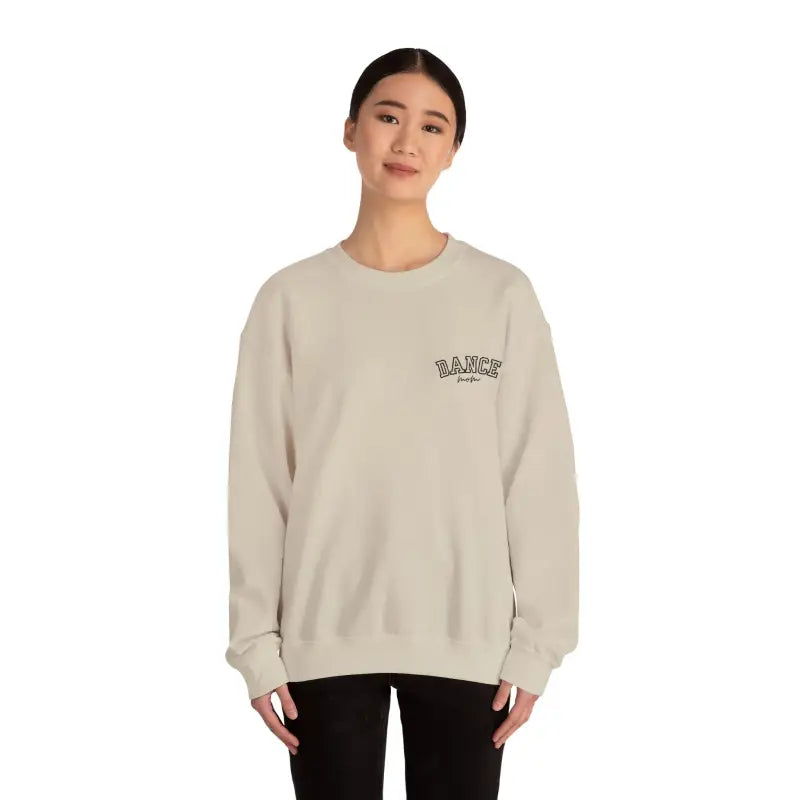 Beige crewneck sweatshirt with a small text logo on the chest.