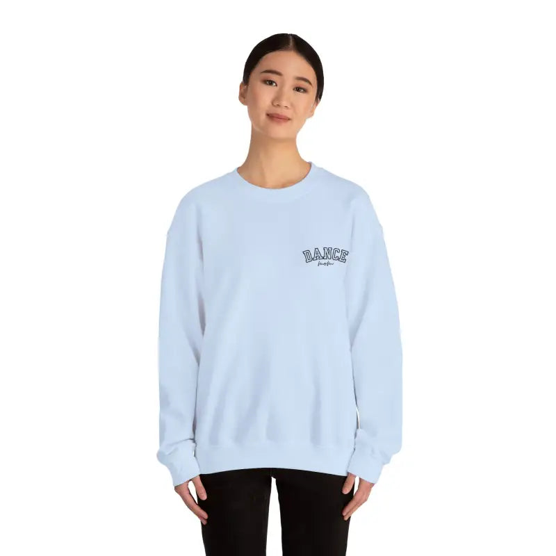 Light blue crewneck sweatshirt with small text logo on chest.