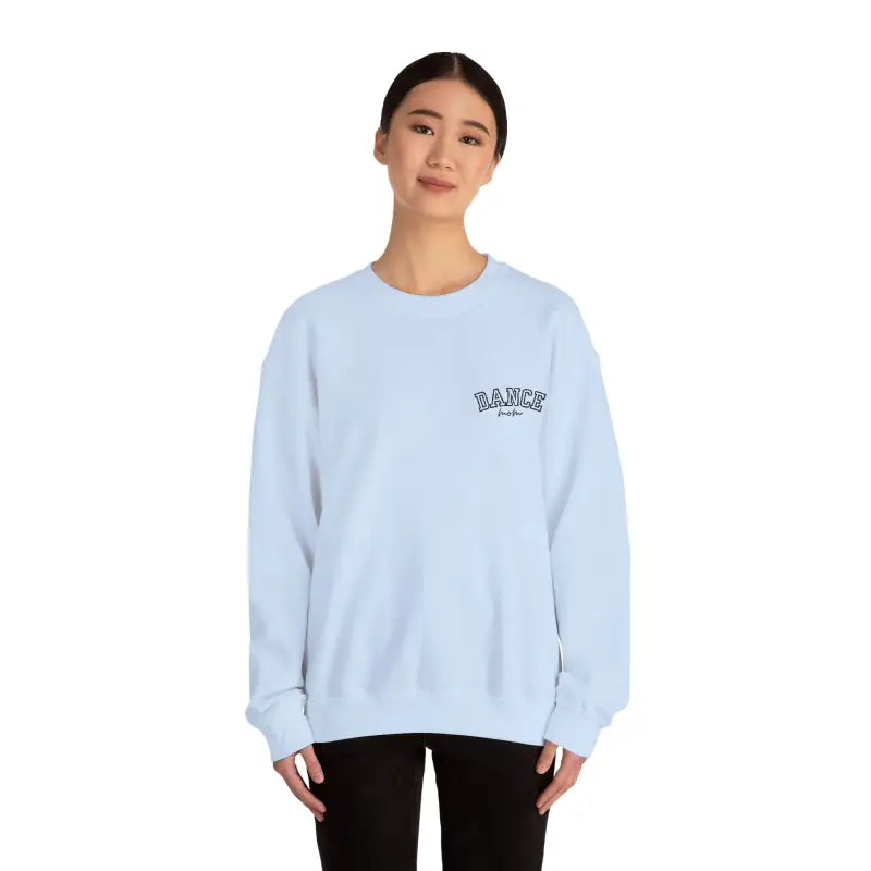 Light blue crewneck sweatshirt with small text logo on chest.
