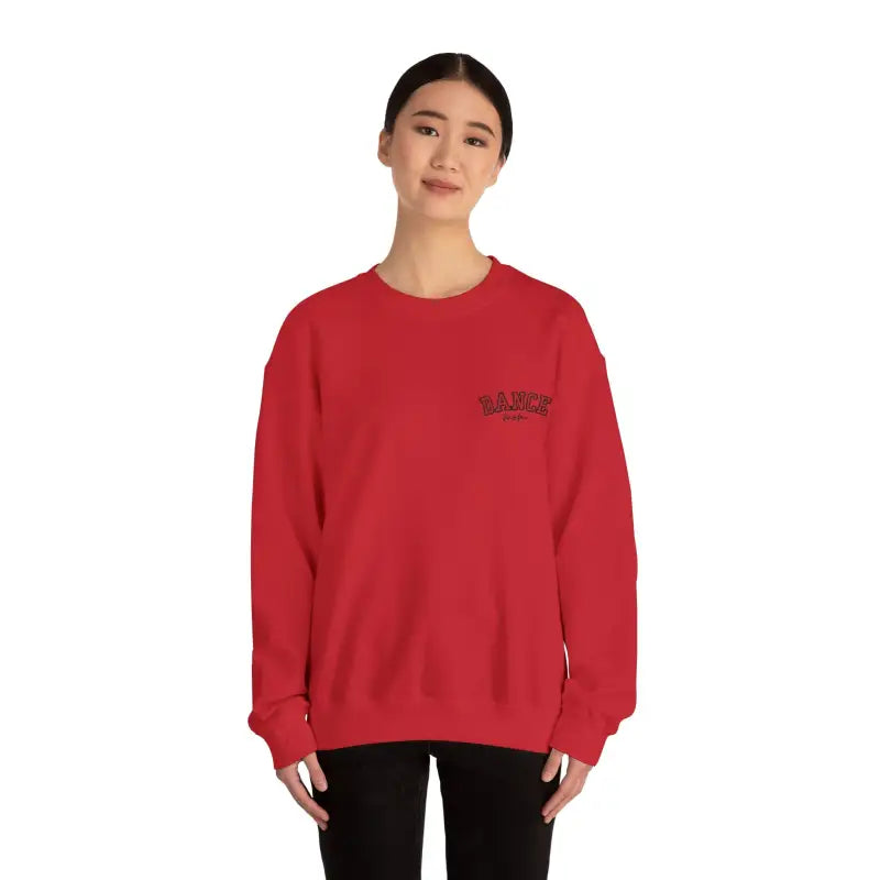 Red crewneck sweatshirt with small text embroidery on the chest.