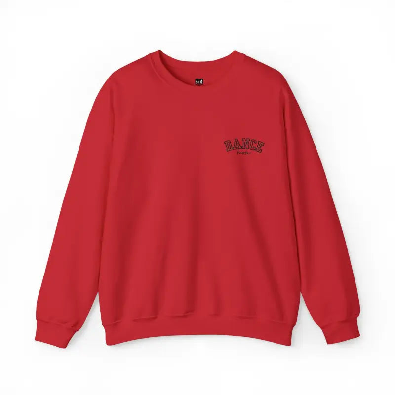Red crewneck sweatshirt with small text embroidery on the chest.