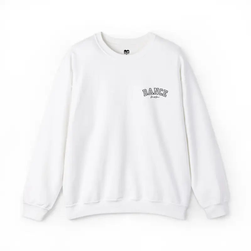 White crewneck sweatshirt with ’DANCE’ text embroidered on the chest.