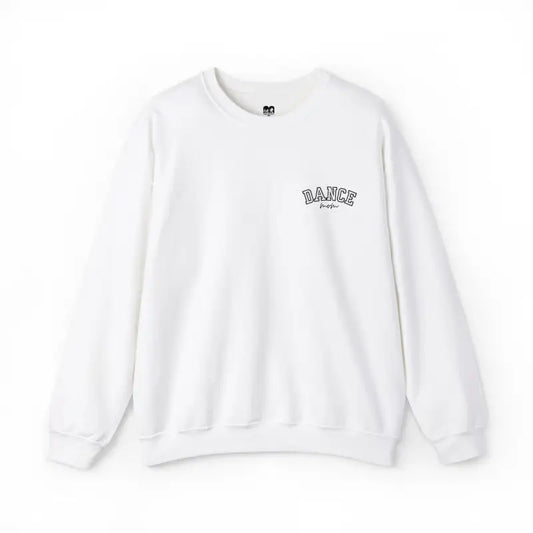 White crewneck sweatshirt with ’DANCE’ text embroidered on the chest.