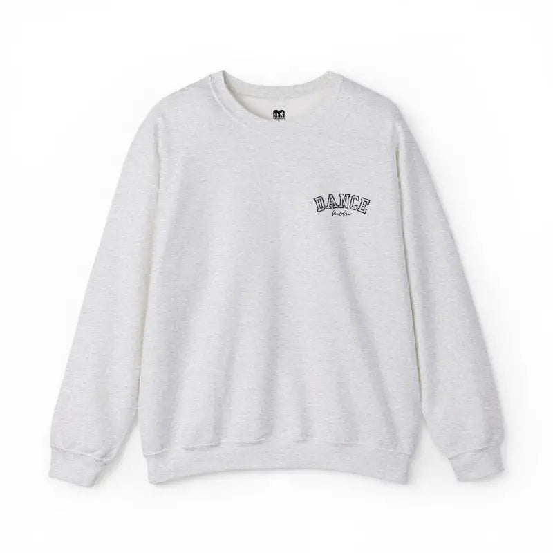 White crewneck sweatshirt with ’DANCE’ text on the chest.