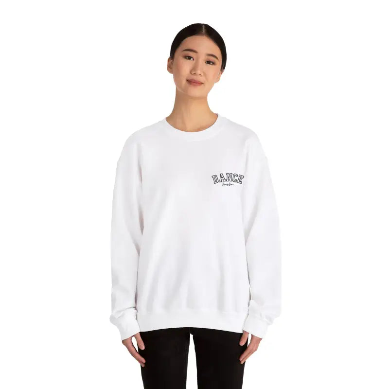 White crewneck sweatshirt with small text branding on the chest.