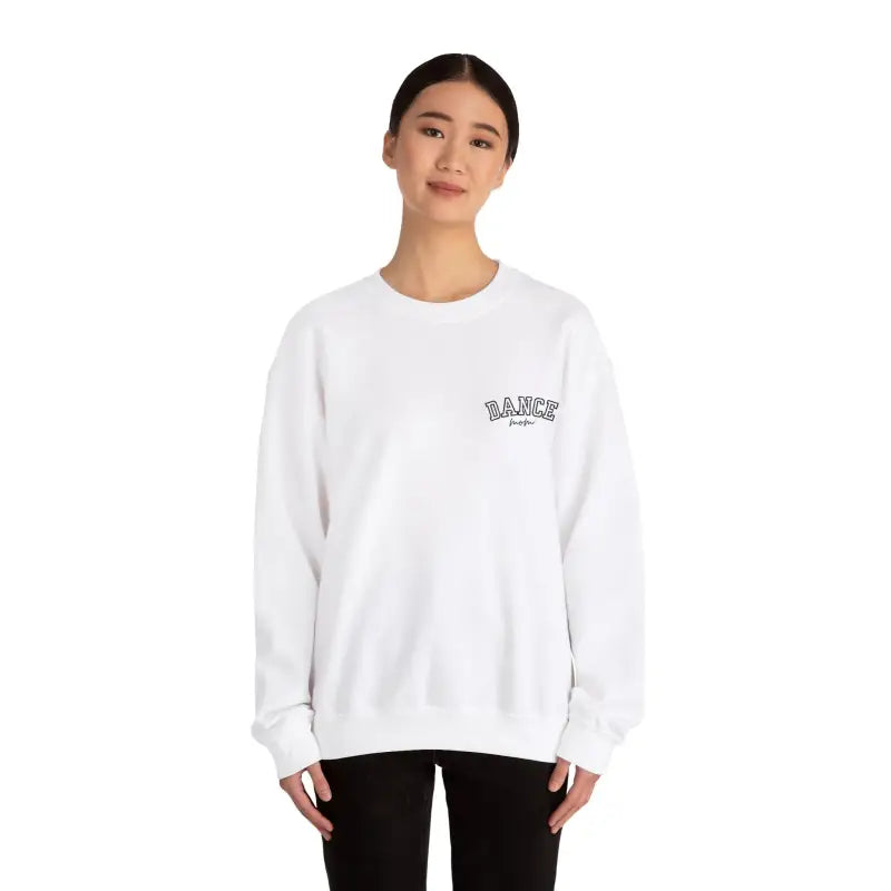White crewneck sweatshirt with small text logo on chest.