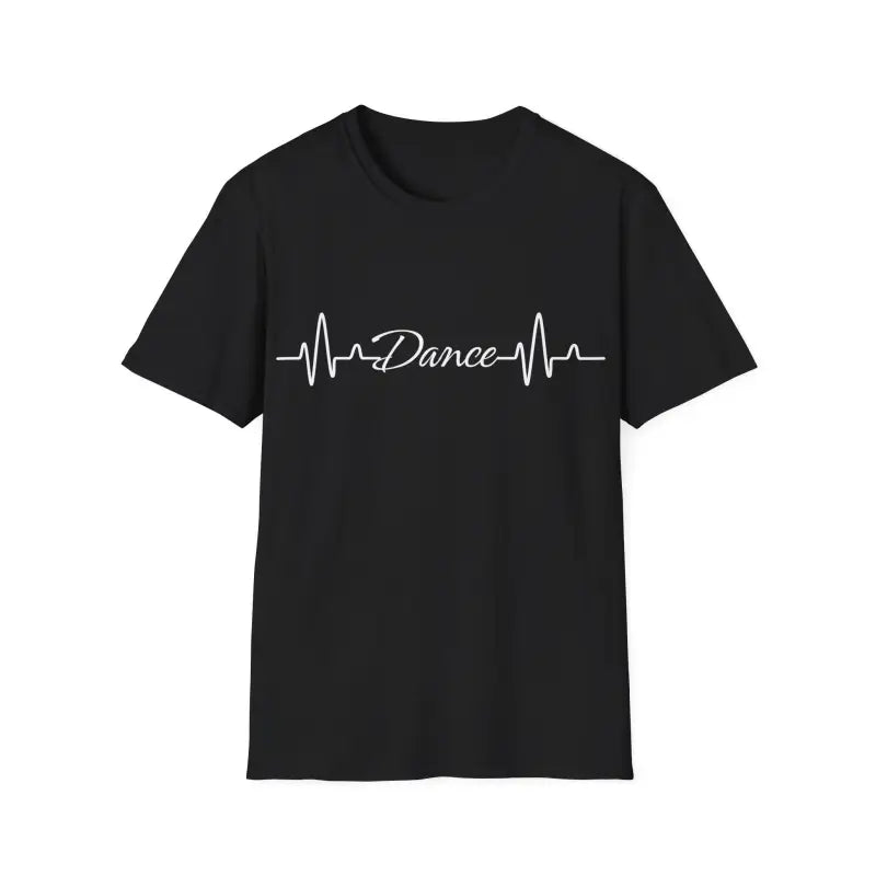 Black t-shirt with a white heartbeat line design and the word ’Dance’ printed on it.