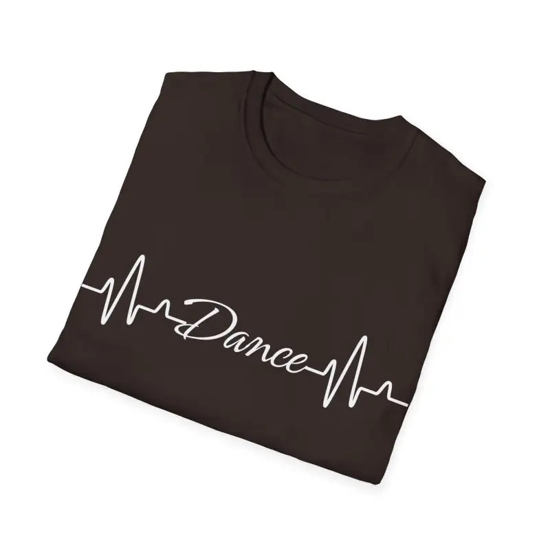 Black t-shirt with ’Dance’ text in white between heartbeat lines.