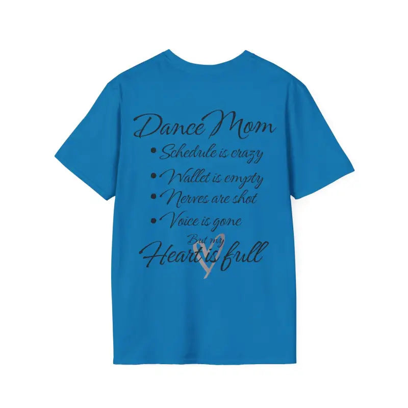 Blue t-shirt with ’Dance Mom’ text and a list of dance-related phrases.