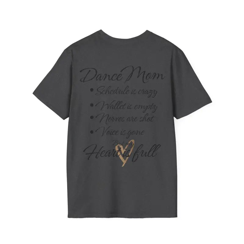 Dark gray t-shirt with ’Dance Mom’ text and a heart design.