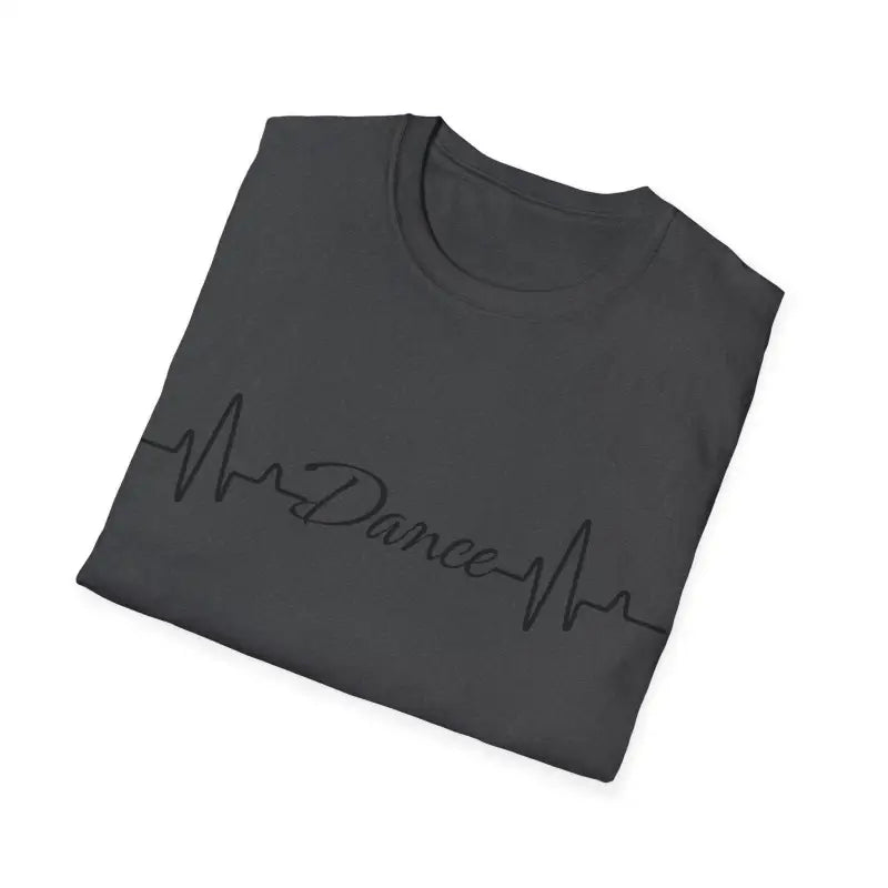 Dark gray t-shirt with ’Dance’ text and heartbeat line design printed on it.