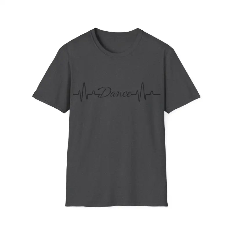 Dark gray t-shirt featuring a heartbeat line design with the word ’Dance’ incorporated into it.