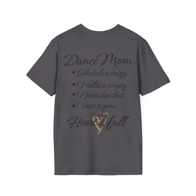 Gray t-shirt with ’Dance Mom’ text and a list of dance-related phrases printed on the back.