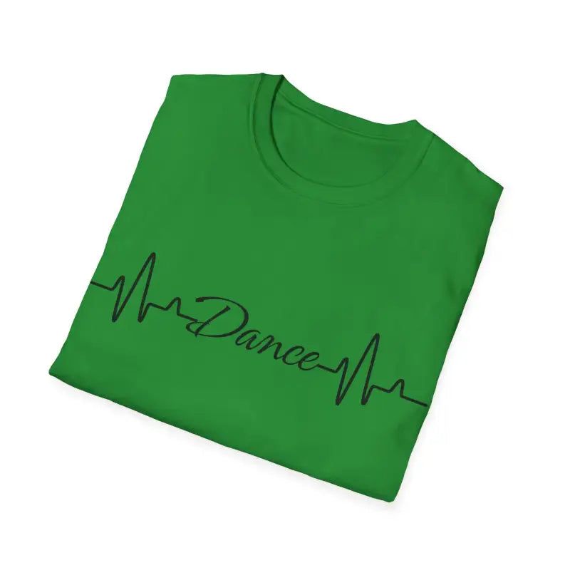 Green t-shirt with a heartbeat line design spelling out ’Dance’ across the front.