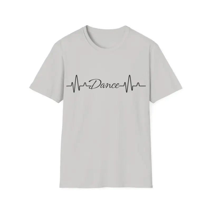 Light gray t-shirt featuring a heartbeat line design with the word ’Dance’ incorporated into it.