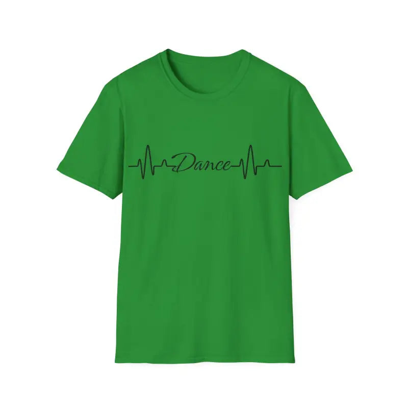 Green t-shirt with a heartbeat line design incorporating the word ’Dance’ in black text.