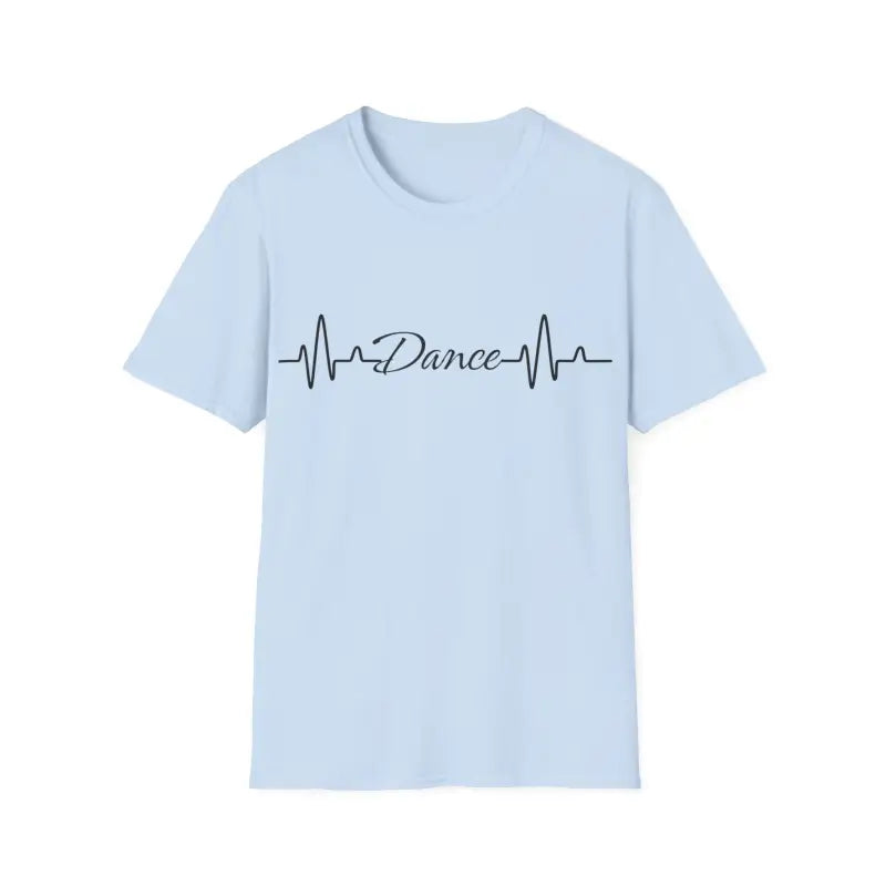 Light blue t-shirt with ’Dance’ written in cursive between heartbeat lines.
