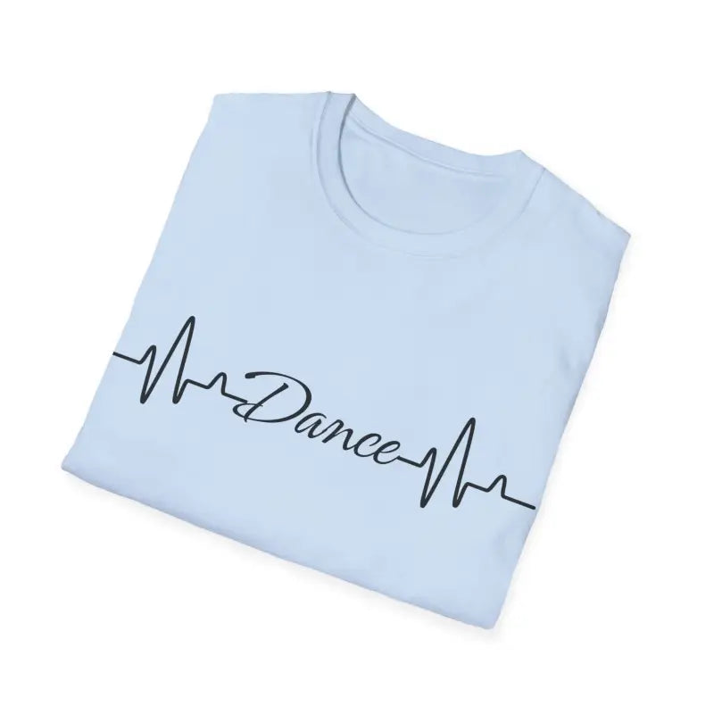 Light blue t-shirt with ’Dance’ text and heartbeat line design.