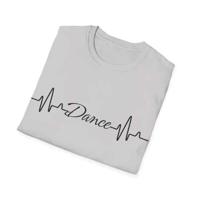 Light gray t-shirt with ’Dance’ text written between heartbeat lines.