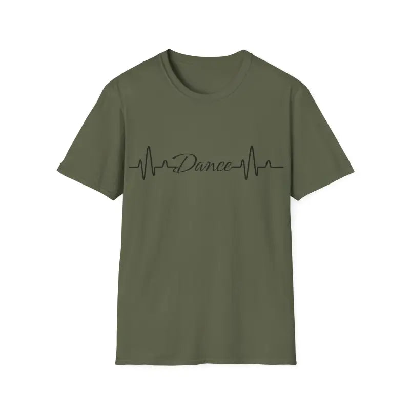 Olive green t-shirt with a heartbeat line design and the word ’Dance’ printed on it.