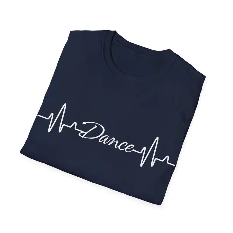 Navy blue t-shirt with ’Dance’ text written in heartbeat monitor style.