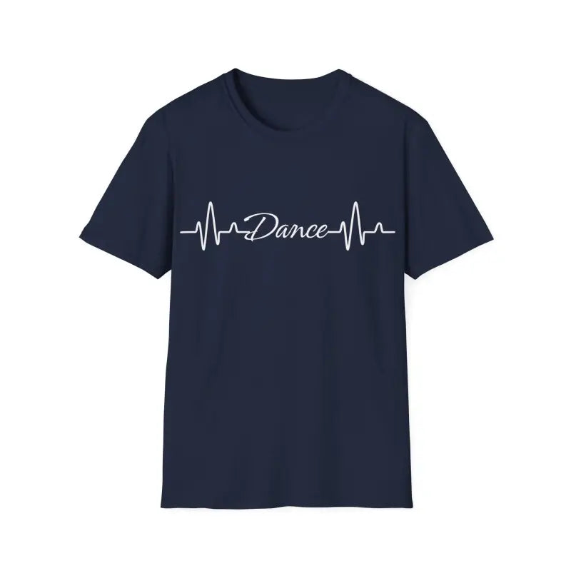 Navy blue t-shirt with a white heartbeat line design and the word ’Dance’ printed on it.