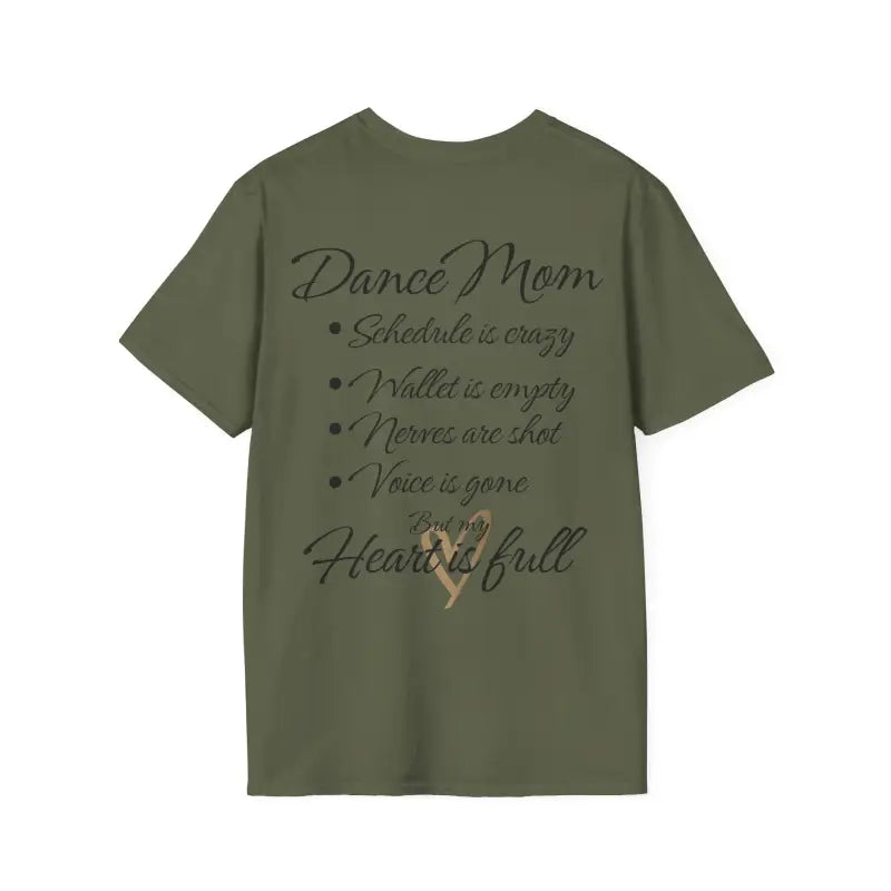 Olive green t-shirt with ’Dance Mom’ text and a list of dance-related phrases.