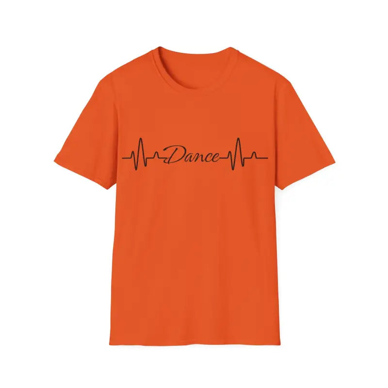 Orange t-shirt with a black heartbeat line design incorporating the word ’Dance’