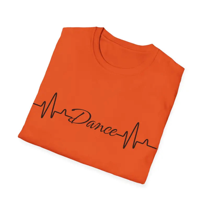 Orange t-shirt with ’Dance’ text in a heartbeat line design.
