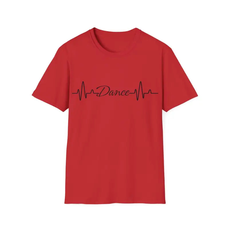 Red t-shirt featuring a heartbeat line design with the word ’Dance’ incorporated into it.