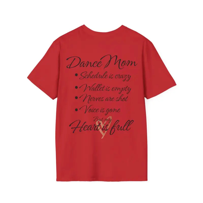 Red t-shirt with ’Dance Mom’ text and a list of dance-related phrases.