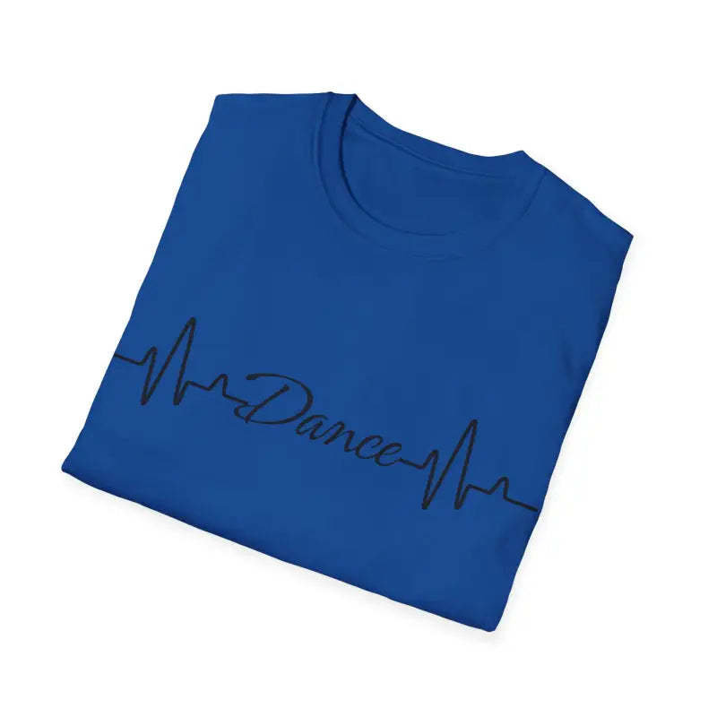 Royal blue t-shirt with a heartbeat line design spelling out ’Dance’ across the front.