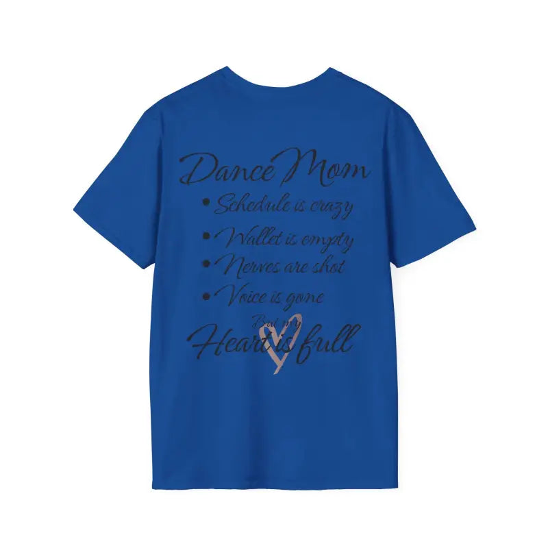 Royal blue t-shirt with ’Dance Mom’ text and bullet points printed on it.