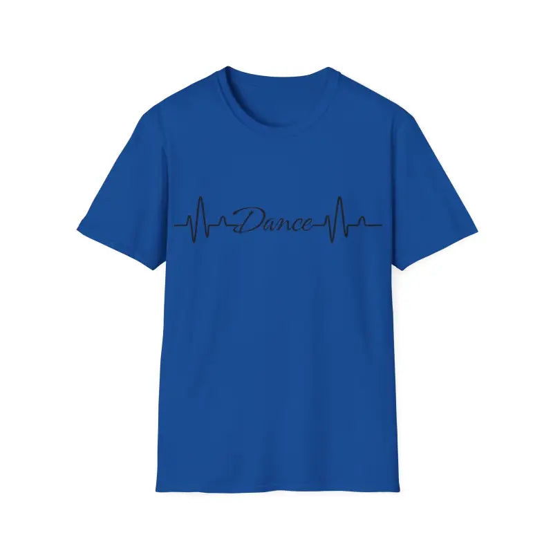 Royal blue t-shirt featuring a heartbeat line design with the word ’Dance’ incorporated into it.